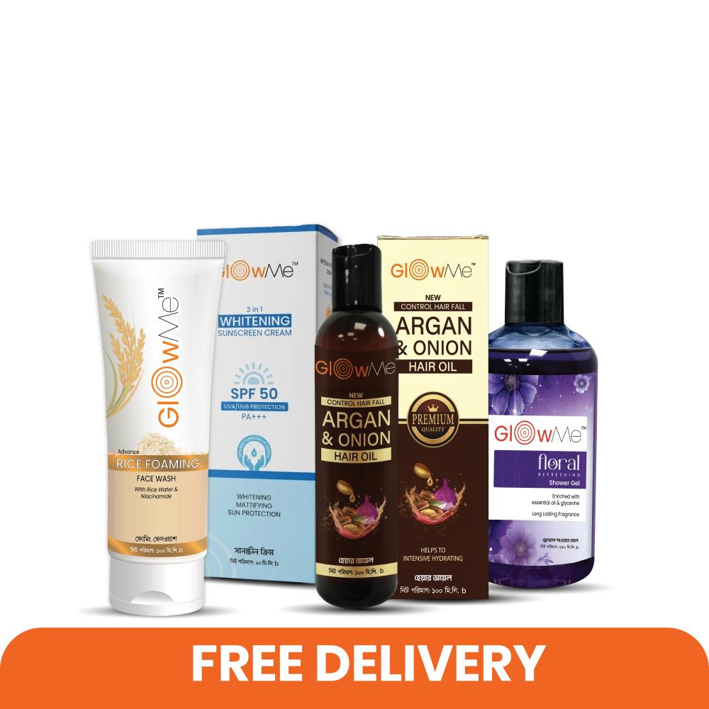 Combo 05 Rice Facewash, 3 in 1 Whitening Sunscreen, Argan Oil & Shower Gel